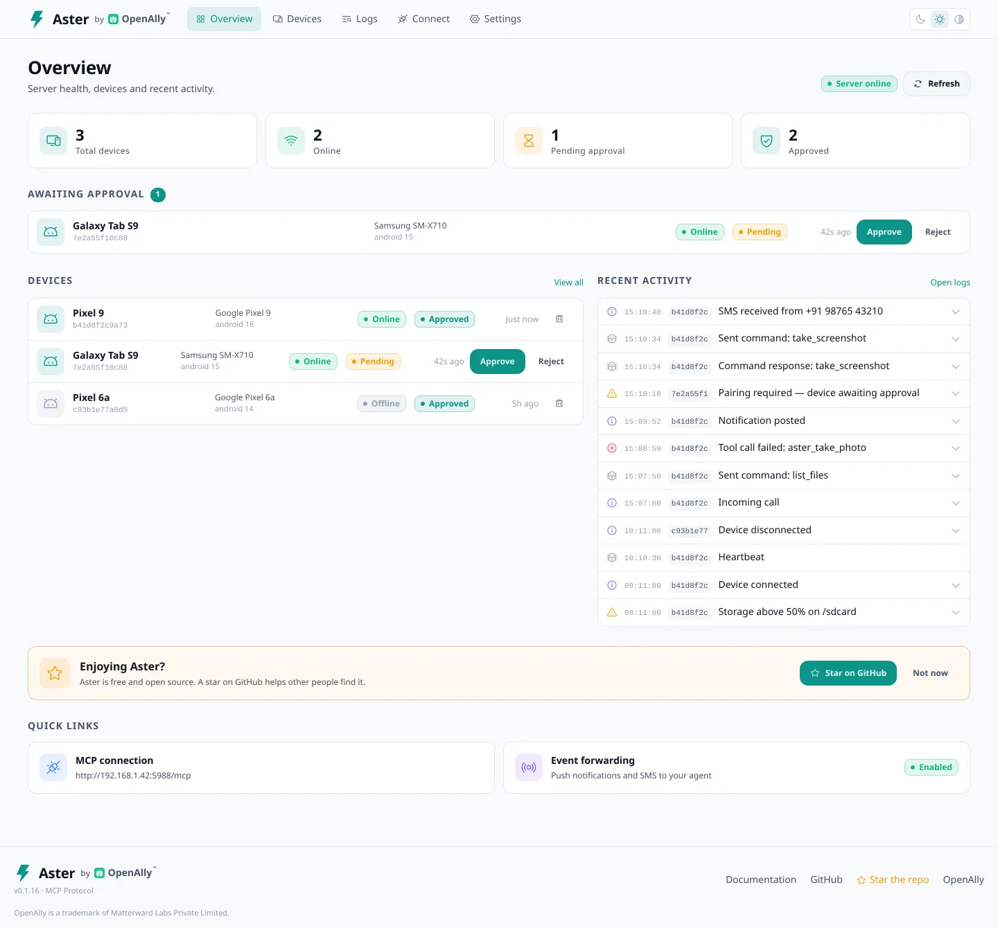 Aster’s device dashboard showing connected phones and recent activity
