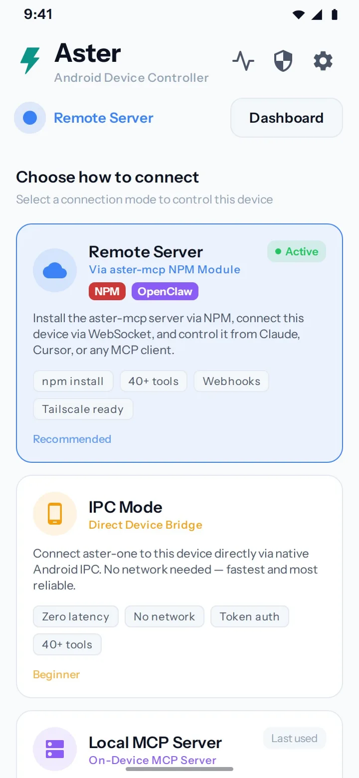 Aster Android companion dashboard