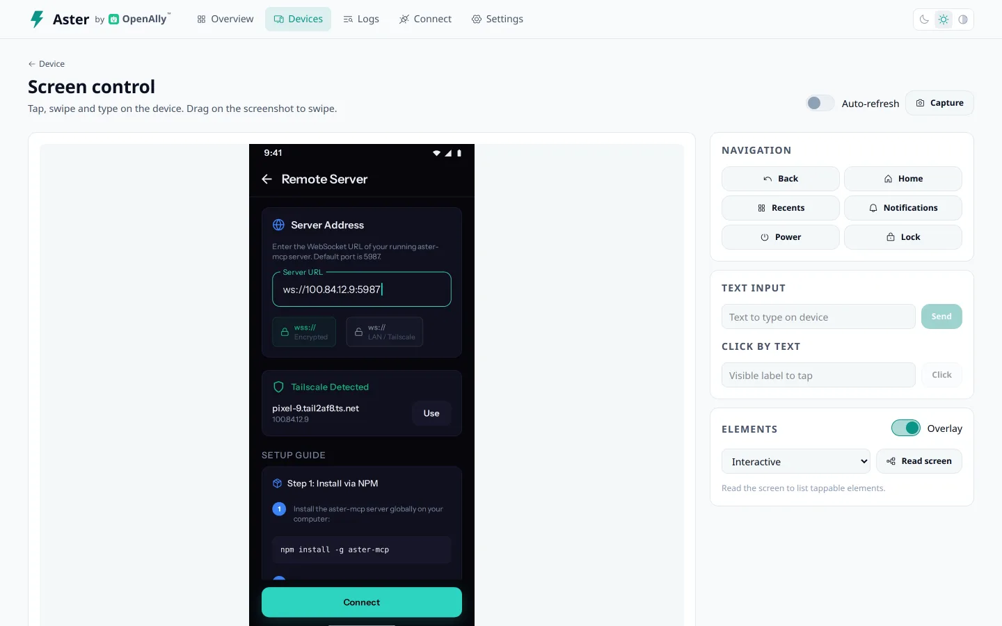 Aster’s dashboard with the phone screen, navigation controls and text input