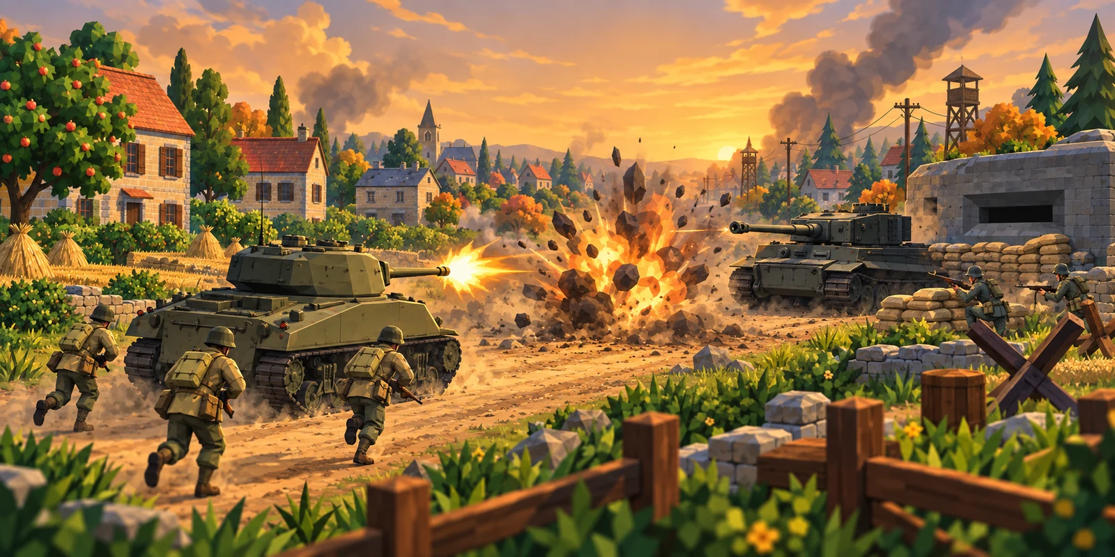 Narrow Front low-poly Normandy battlefield artwork with a Sherman and infantry