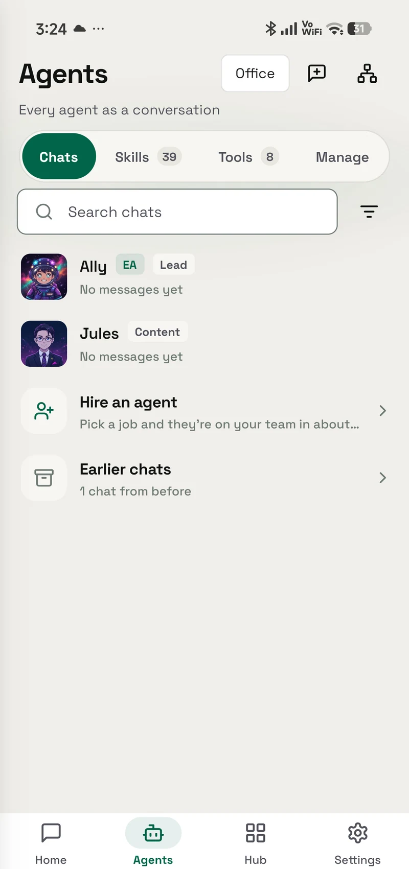 Current OpenAlly agents screen