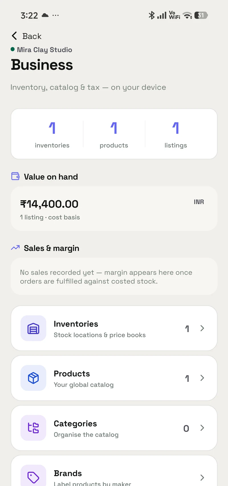 OpenAlly’s current business dashboard with inventory and sales tools