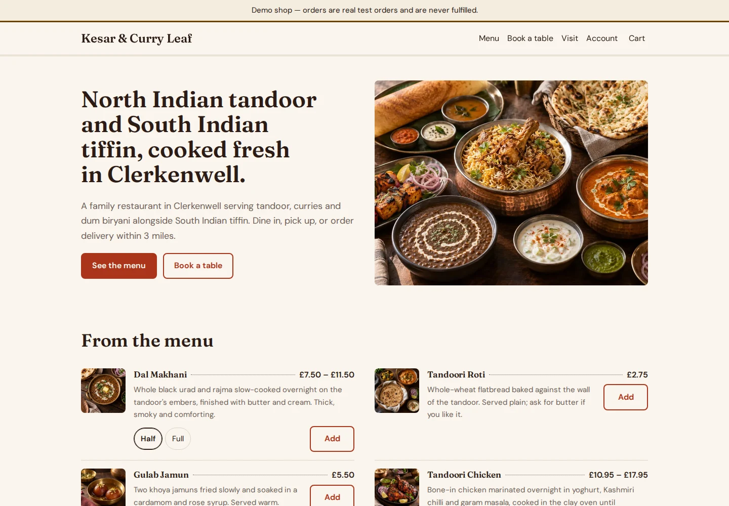 Kesar & Curry Leaf live demo homepage