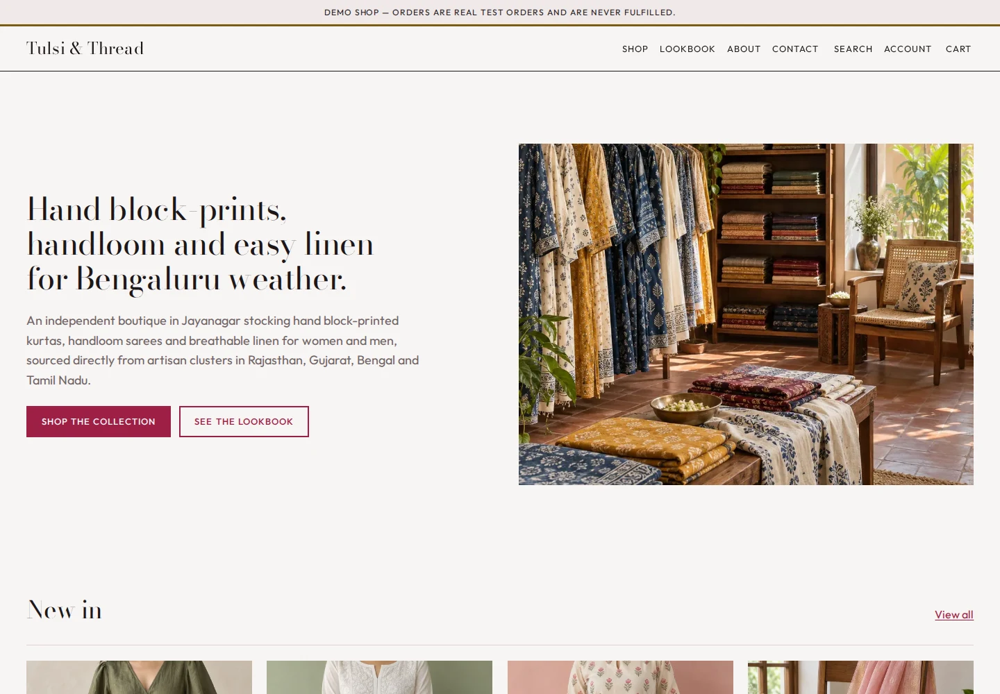 Tulsi & Thread live demo homepage
