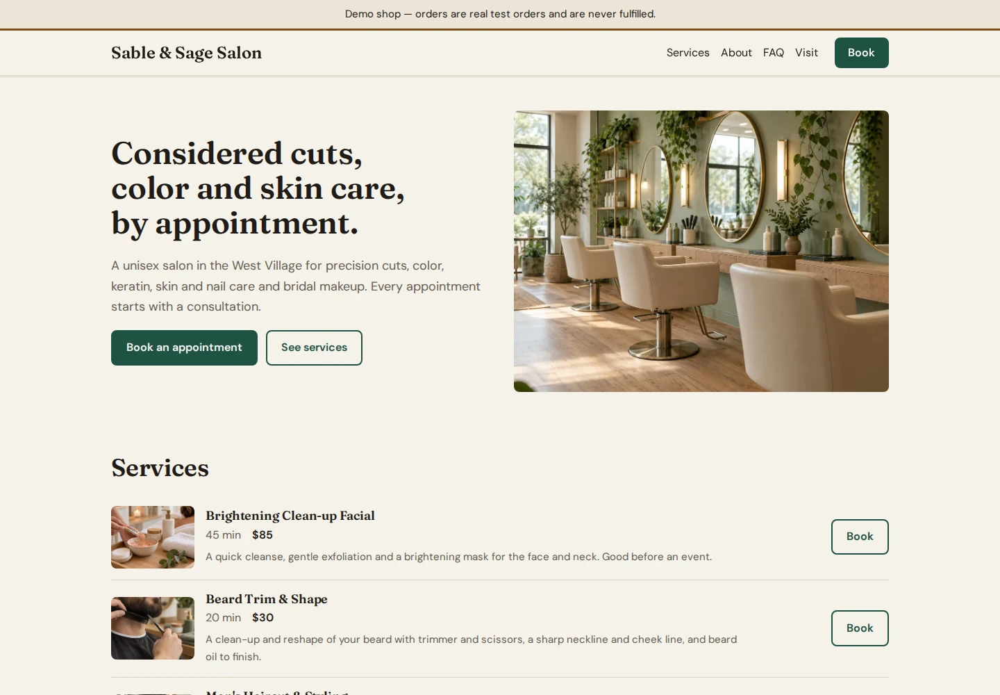 Sable & Sage Salon live demo homepage