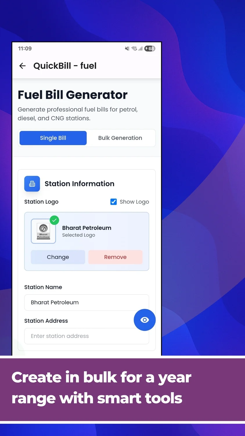 QuickBill fuel bill form from its Google Play listing