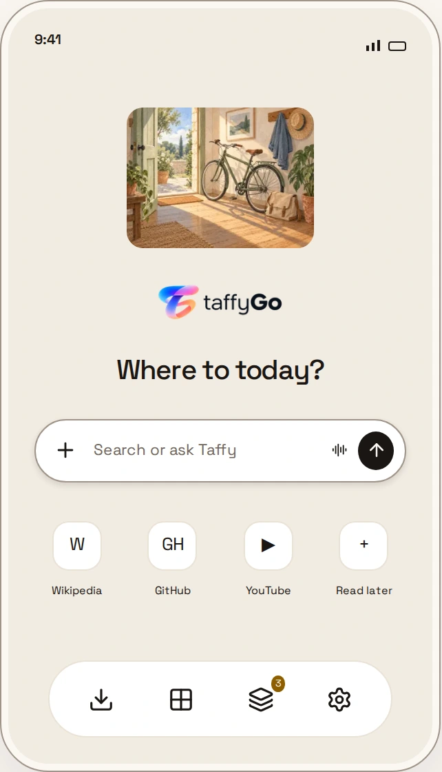 TaffyGo’s new-tab screen: Where to today, Search or ask Taffy, frequent sites, and the browser dock