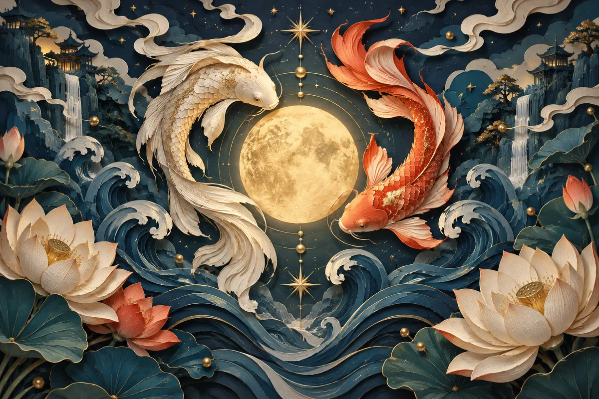 Original Reverie design: layered paper cranes, flowers, and a crescent moon