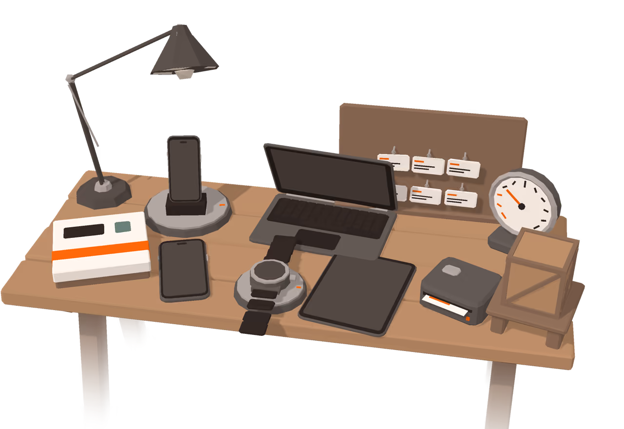 The Matterward Labs workbench by day with the lamp off, and one low-poly object for each product.