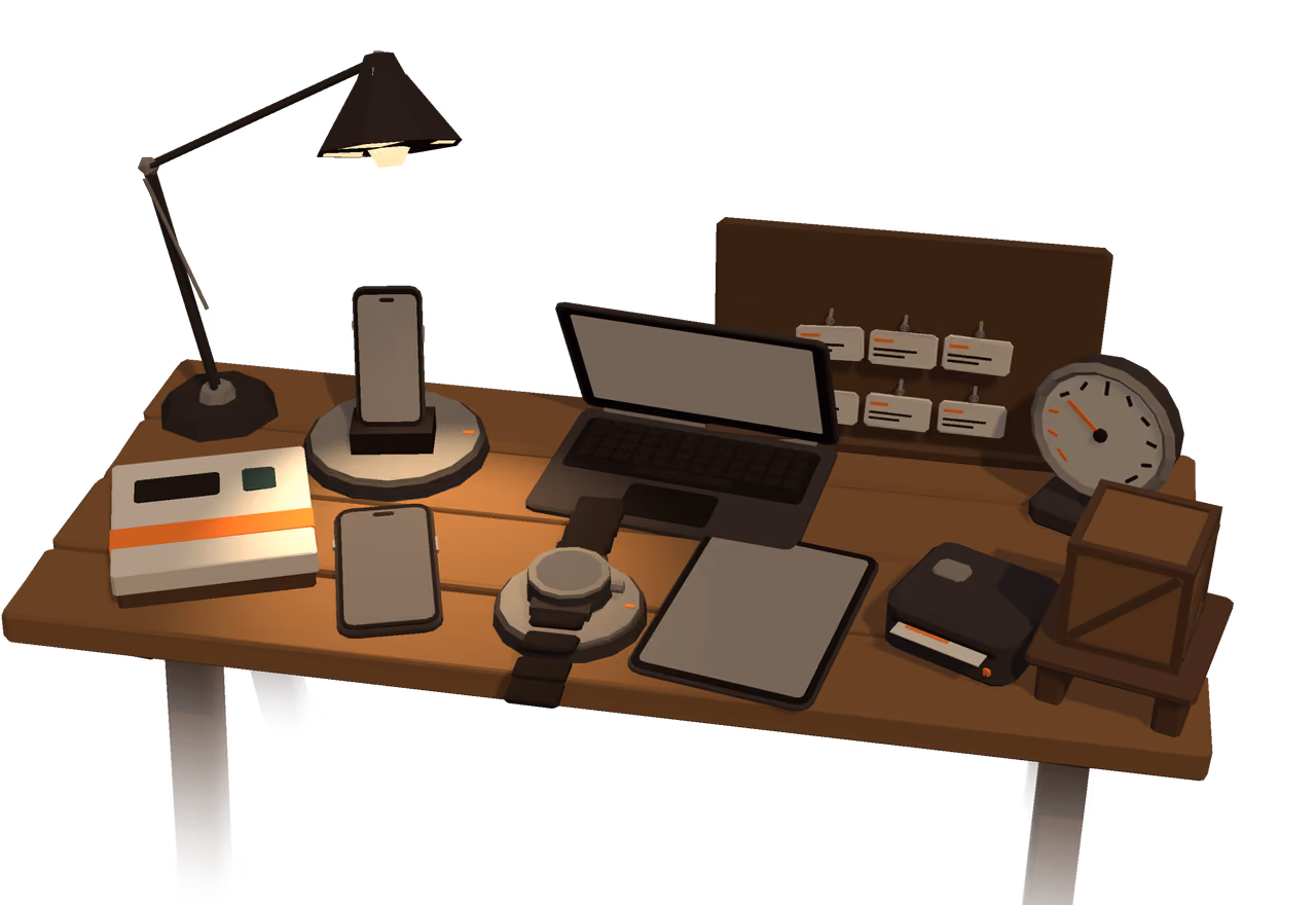 The Matterward Labs workbench at night under a desk lamp, with one low-poly object for each product.